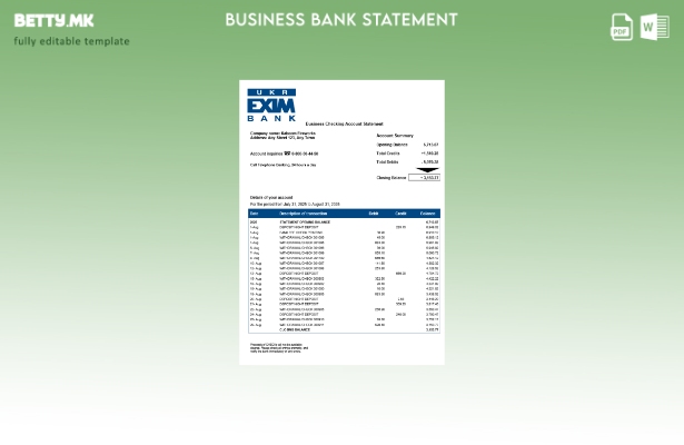 модерен стил Украински Укрексимбанк за проверка на деловните сметки Шаблон Word 